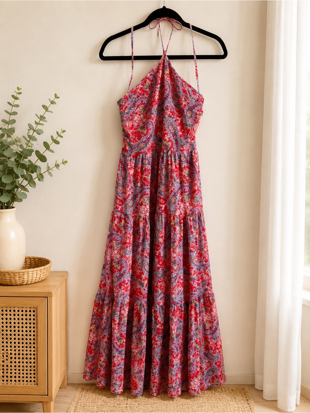 Fashion Nova Red Paisley Halter Maxi Dress with Purple Accents